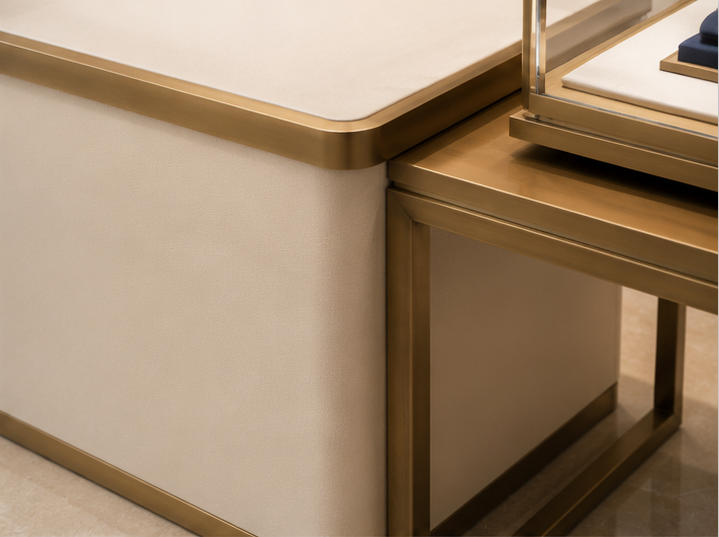 Modular Jewelry Display Console Set | Brass Frame Showcase 8 Brass frames, beige surfaces and glass cases material details